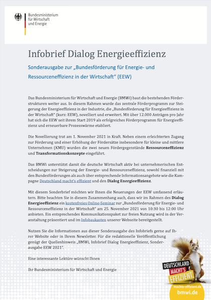 Cover Infobrief "Dialog Energieeffizienz" -Sonderausgabe zur „Bundesförderung für Energie- und Ressourceneffizienz in der Wirtschaft“ (EEW)