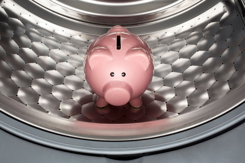 Sparschwein in Waschmaschine symbolisiert Energiesparen im Haushalt