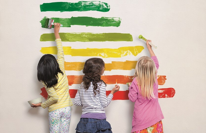 Drei Kinder malen die Streifen des neuen Energielabels zur Darstellung von Energieeffizienz an die Wand